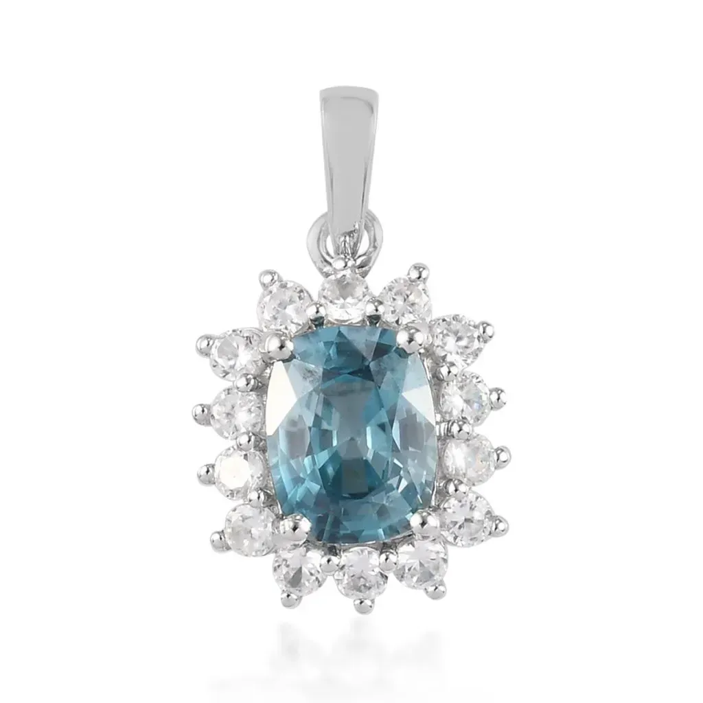 LUXORO 10K White Gold Premium Ratnakiri Blue Zircon and Natural White Zircon Floral Pendant 4.10 ctw