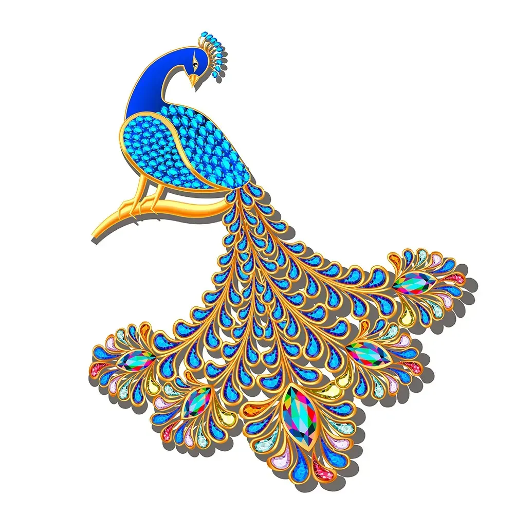Closeup of peacock brooch against white background