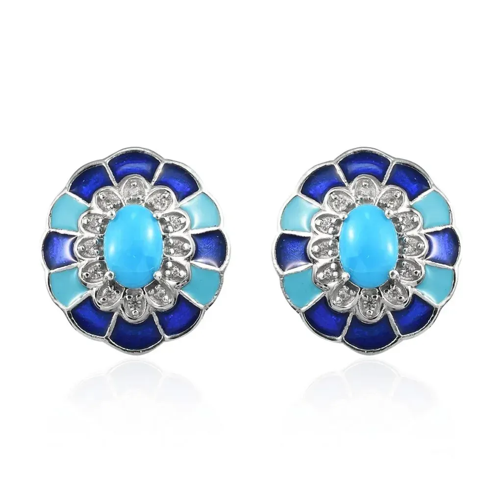 Sleeping Beauty Turquoise and Zircon Earrings in Platinum Over Sterling Silver