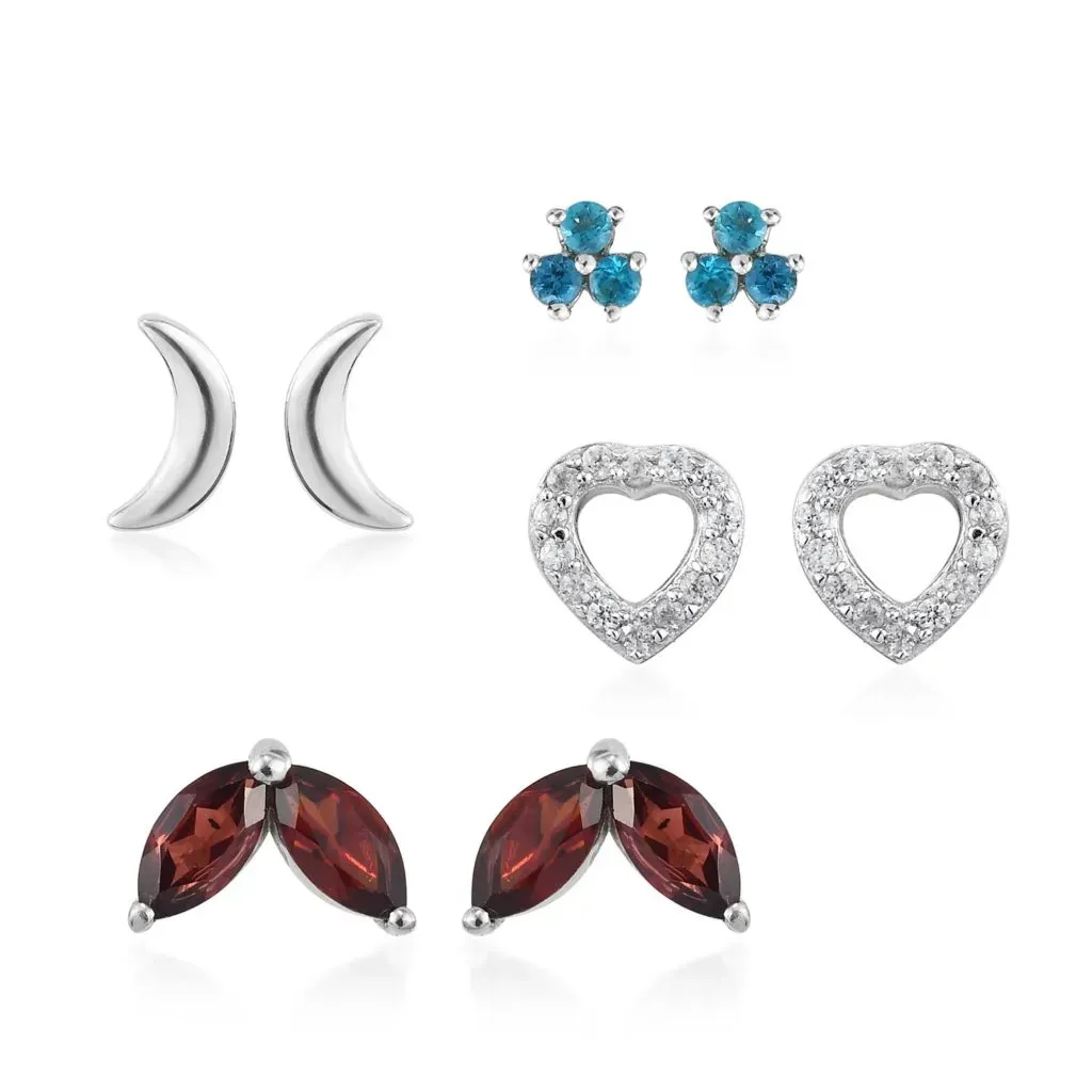 Mozambique Garnet, Malgache Neon Apatite and Zircon Set of 4 Celestial Stud Earrings in Platinum Over Sterling Silver