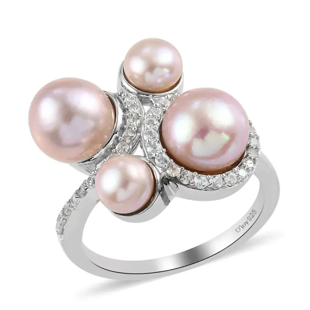 Pink Freshwater Pearl and White Zircon Pearl Ring in Platinum Over Sterling Silver