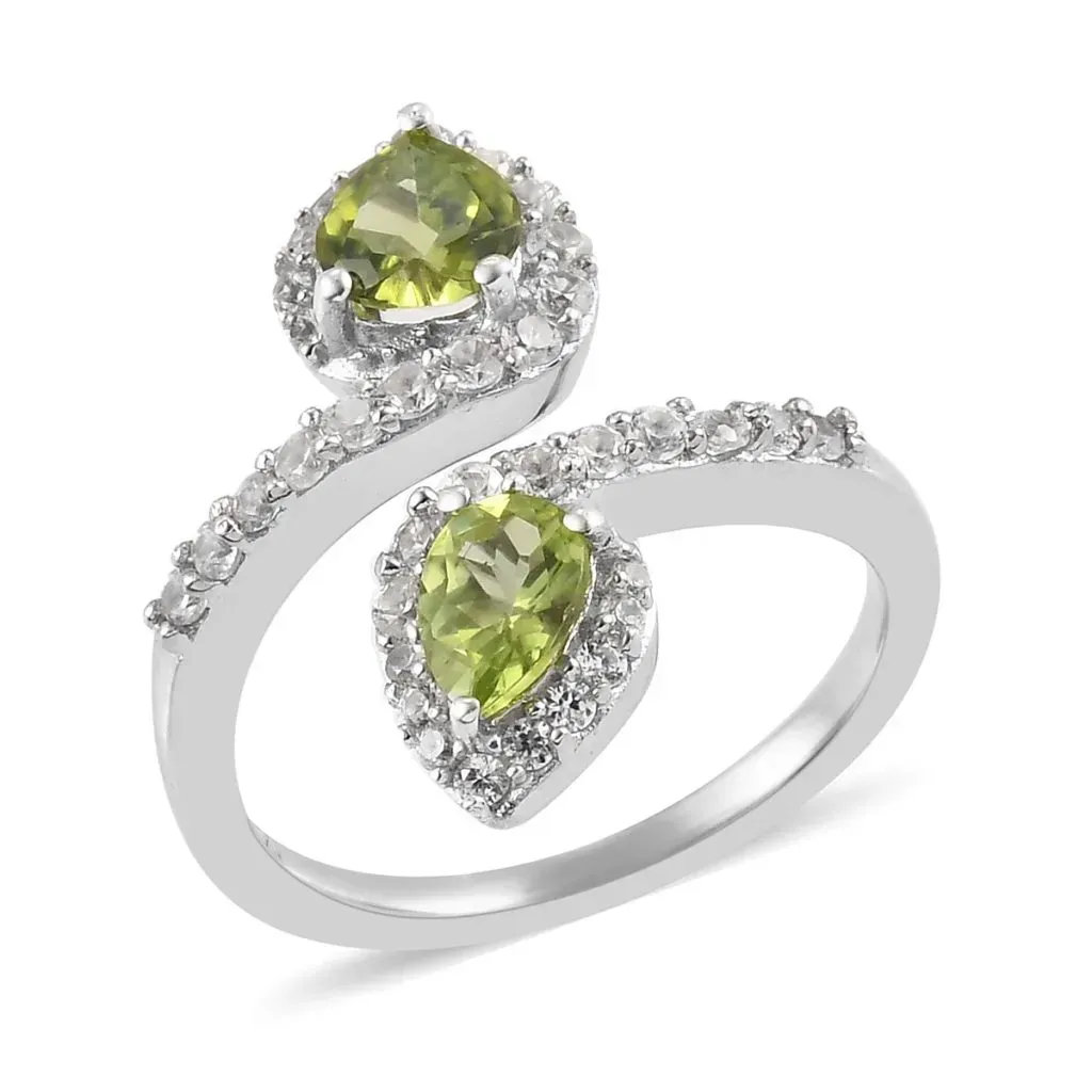 Arizona Peridot, Zircon Bypass Ring in Platinum Over Sterling Silver