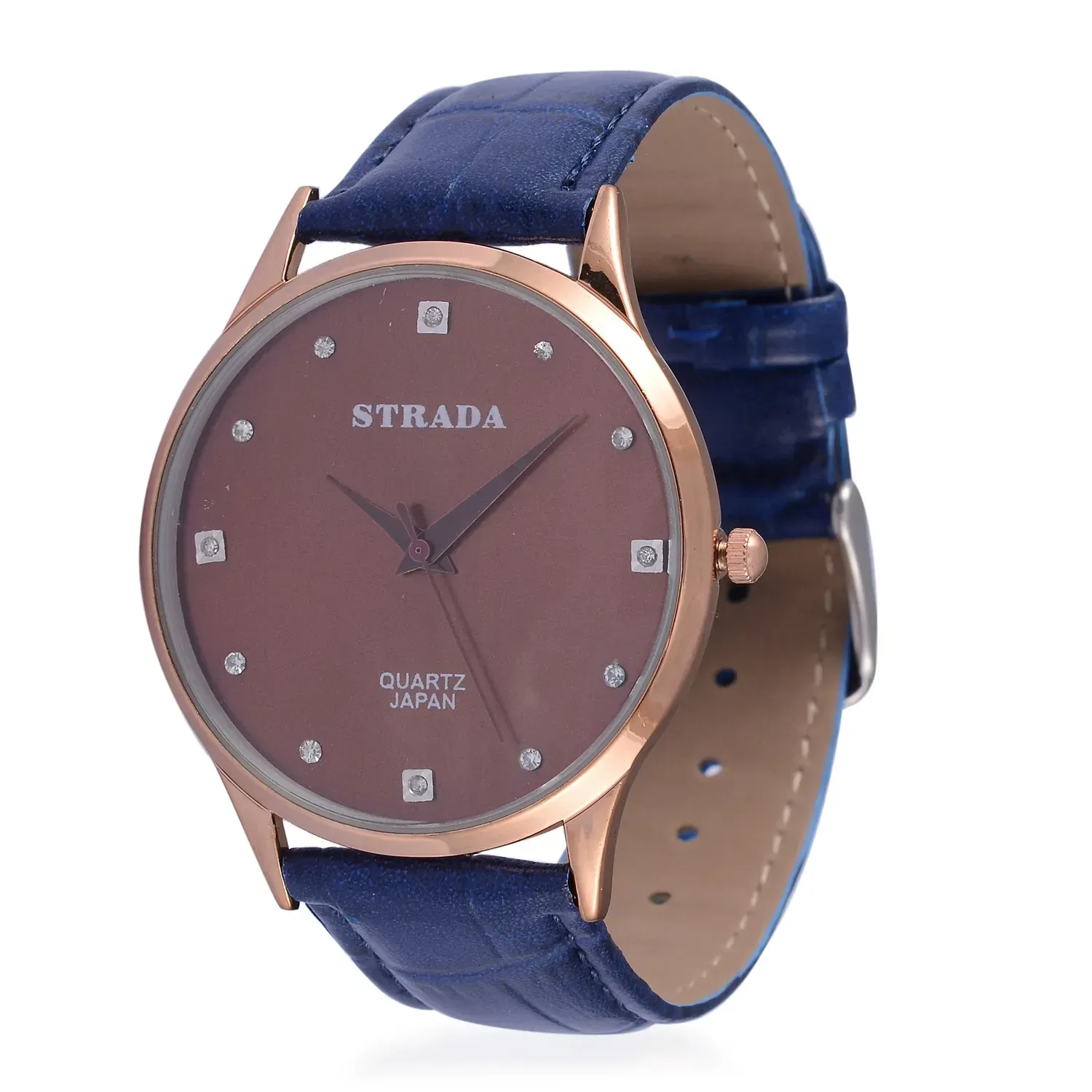 Strada fashion watch with rose gold bezel, tan dial, and blue band. Movement Japanese quartz.