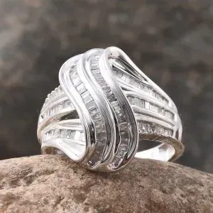 Designer diamond ring in sterling silver with platinum finish.