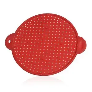 A five-in-one device that is a strainer, steamer, trivet, splatter guard, and oven guard.