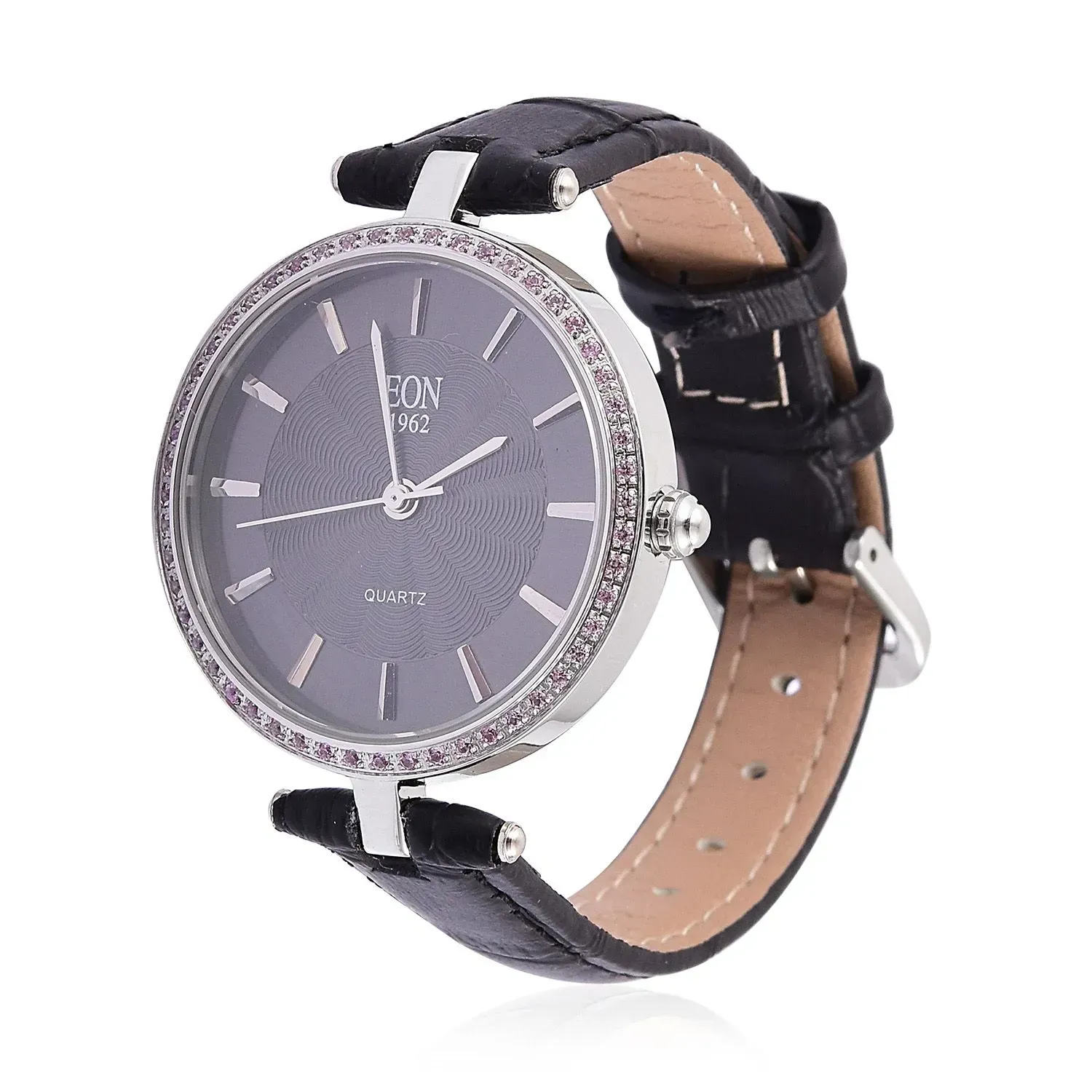 Eon 1962 watch with black dial and black leather band. 