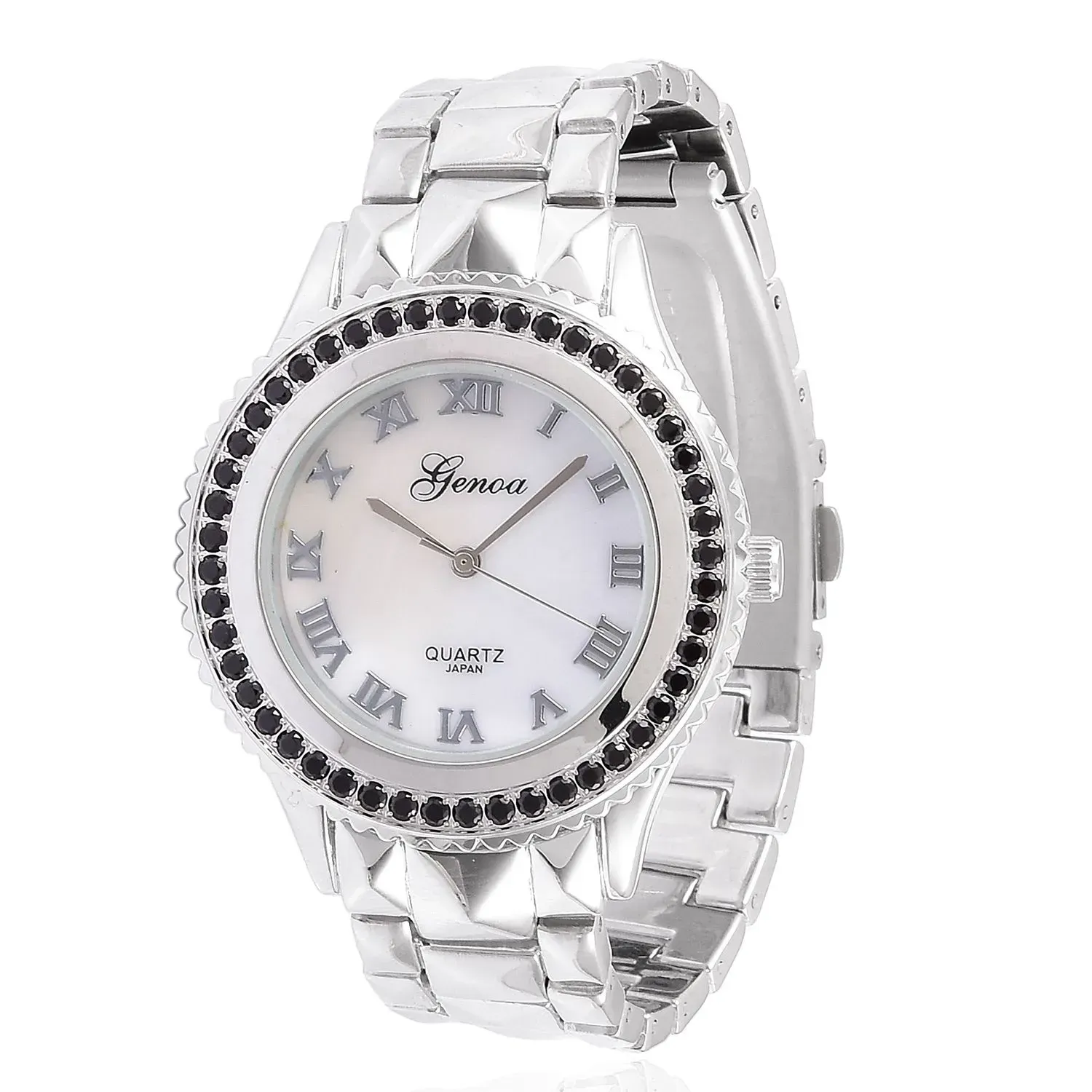 Genoa brand watch with stainless steel band and black spinel accents. Movement Japanese quartz.