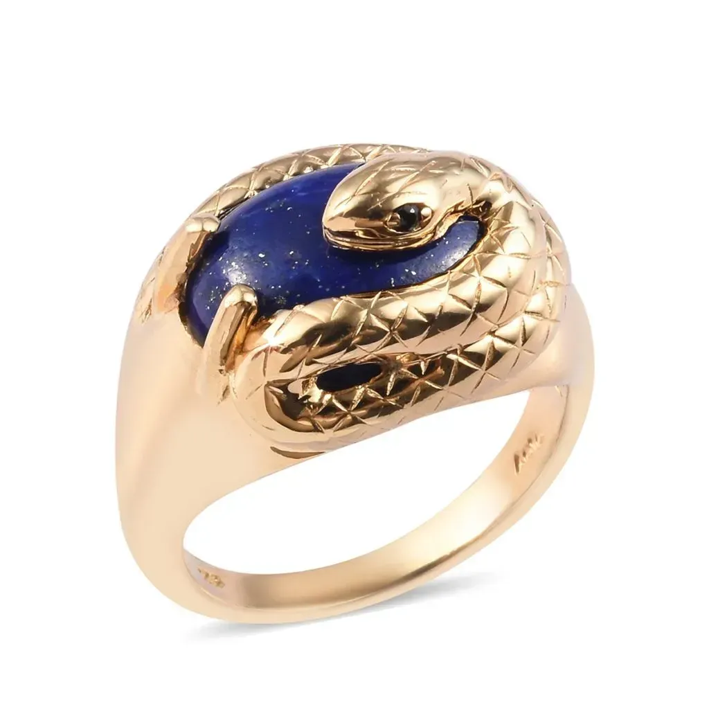 Gold snake ring with lapis lazuli stone. 