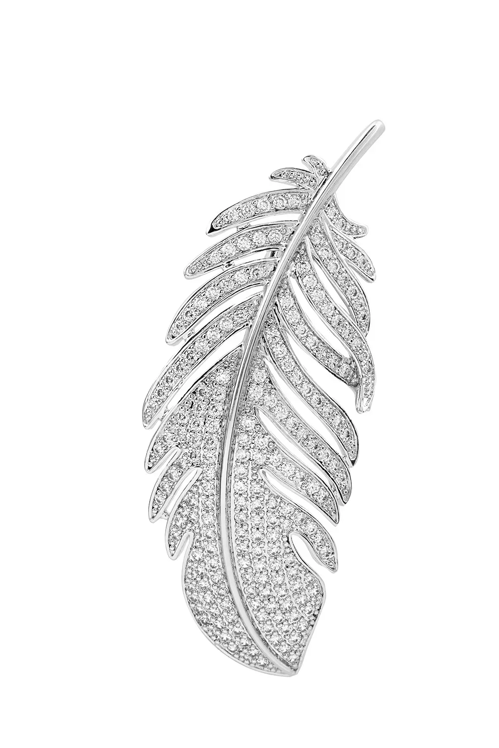 Closeup of silver feather brooch