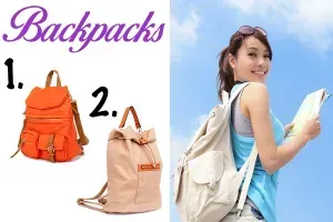 Set of three orange, cream and white backpacks for women.