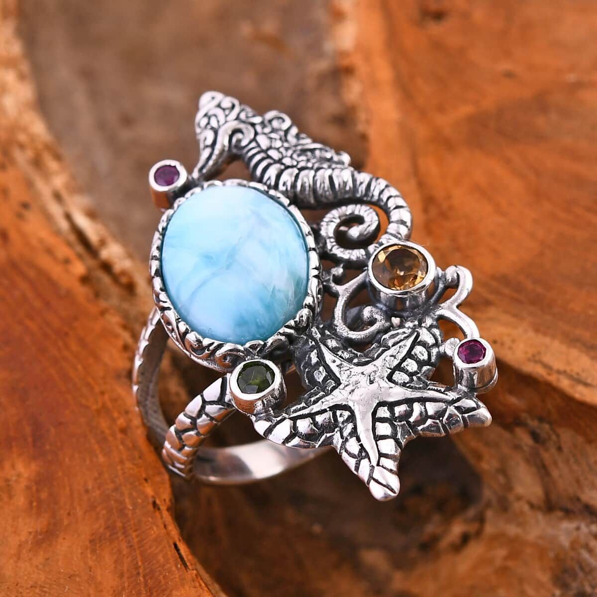 Bali Legacy Larimar and Multi Gemstone Seahorse and Starfish Ring in Sterling Silver.jpg