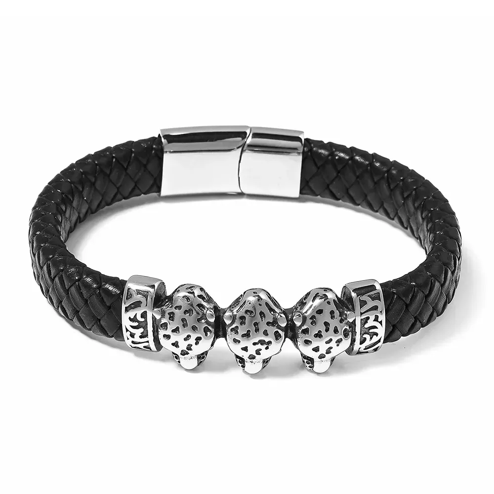 Black leather bracelet with leopard details