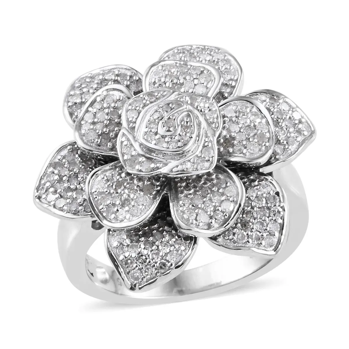 Floral diamond ring on white background.