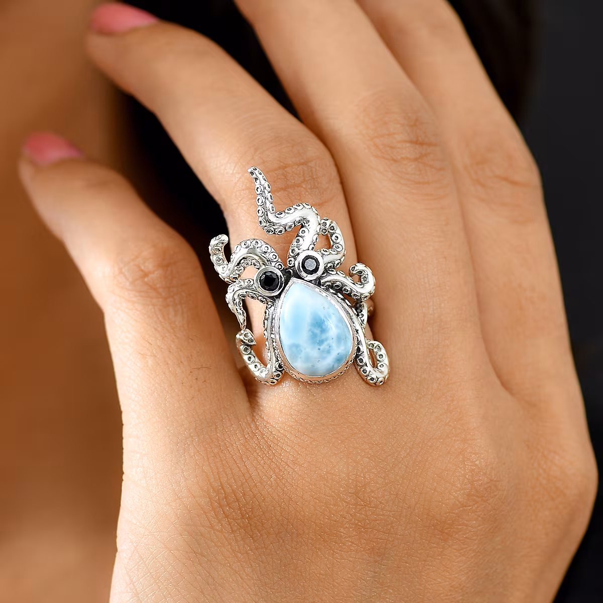 GP Capri premium larimar and Thai black spinel octopus ring, ocean-inspired statement cocktail ring