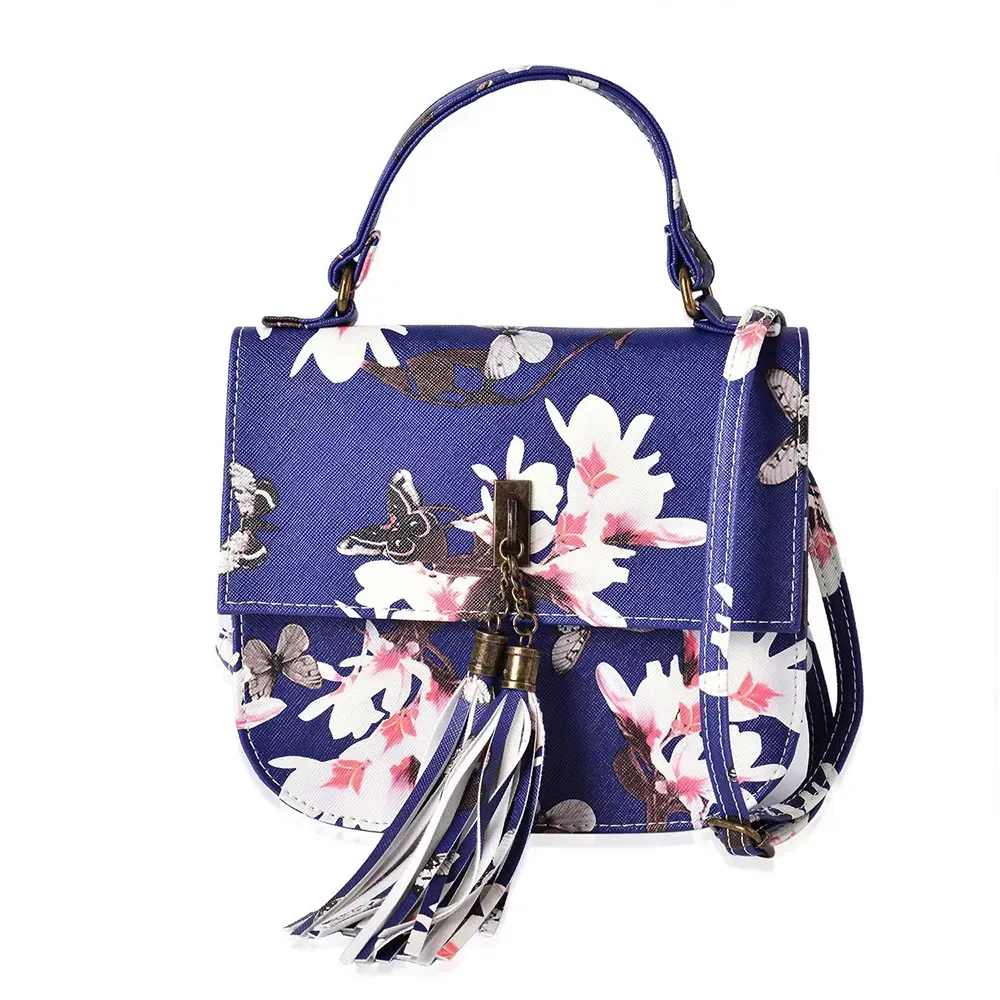 Floral backpack against white background.
