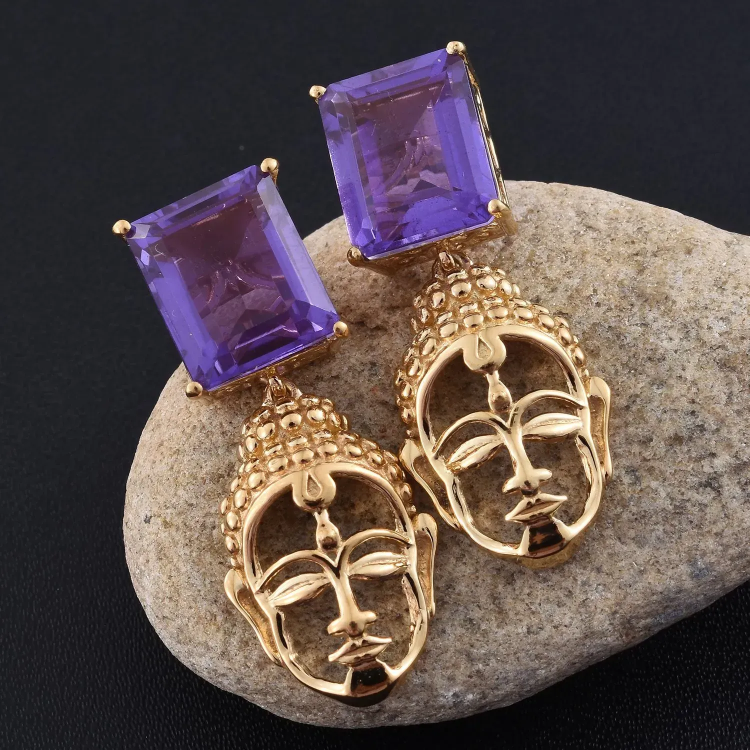 Goddess earrings in sterling silver with 14k yellow gold finish and alexite accents.