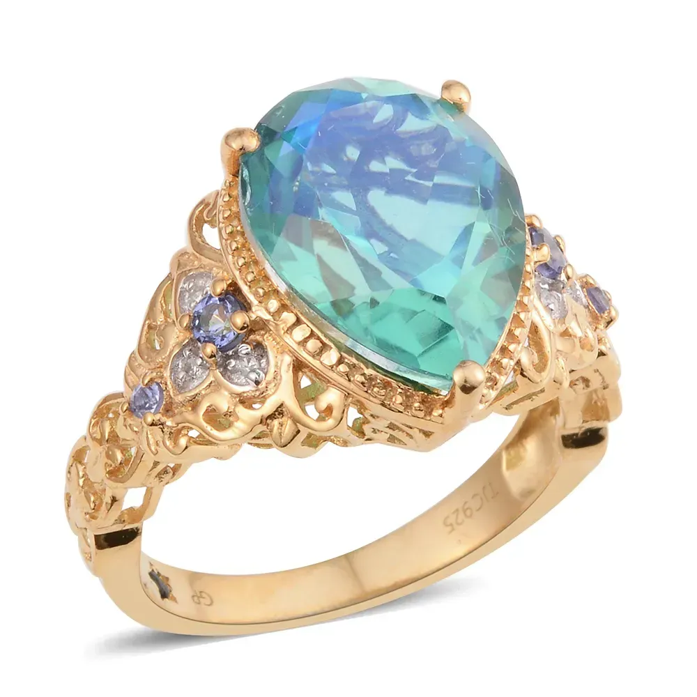 Peacock quartz teardrop ring in sterling silver with 14k yellow gold finish.