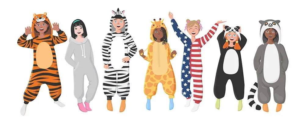 A drawing of a diverse group of people dressing up in animal onesies