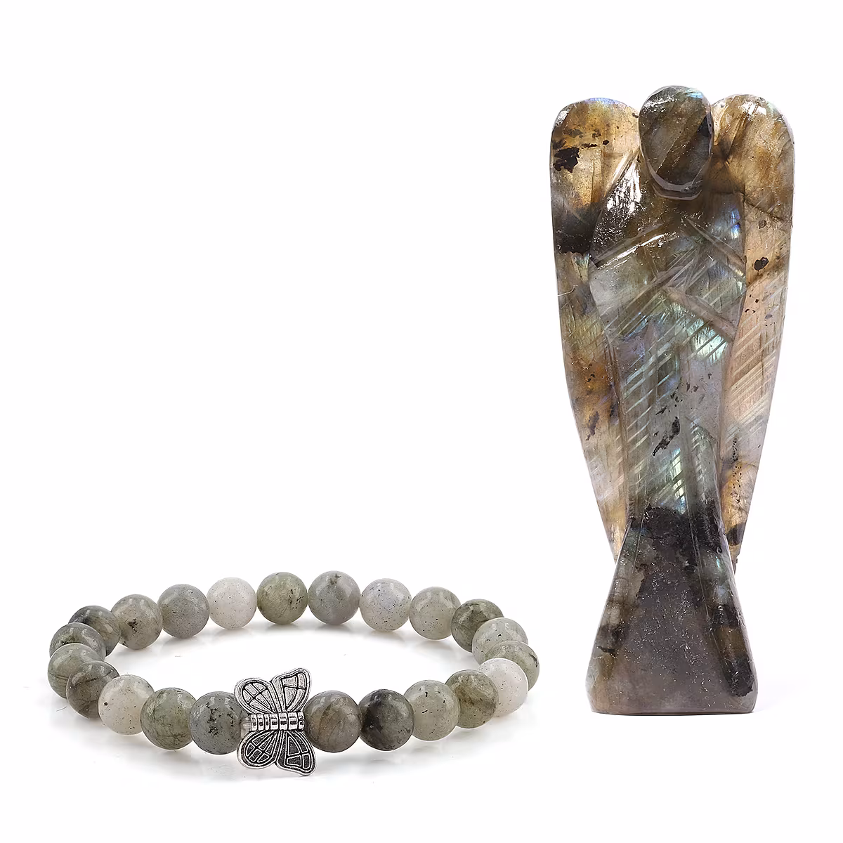 Hand Carved Labradorite Guardian Angel with Matching Beaded Stretch Bracelet.avif