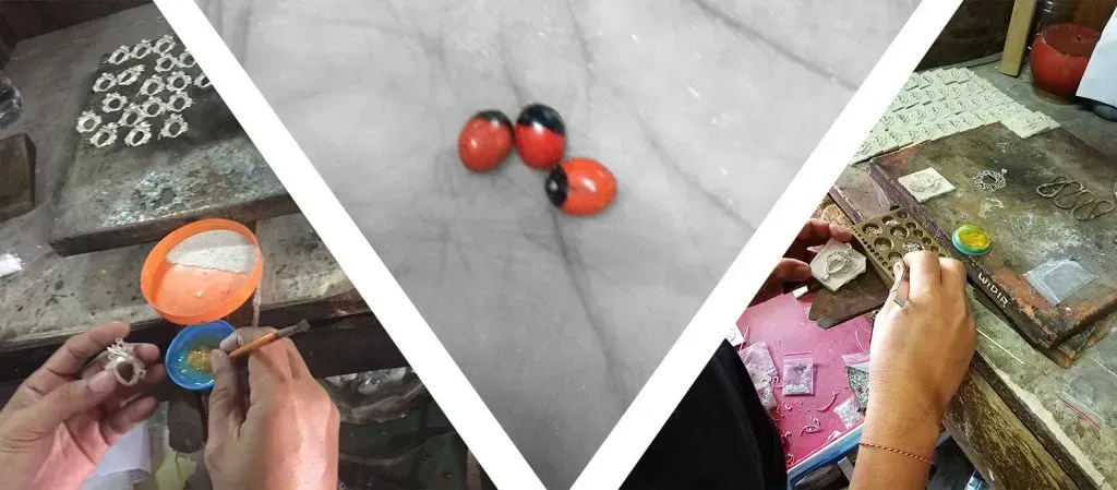 A Bali artisan uses berry glue to assemble jewelry.