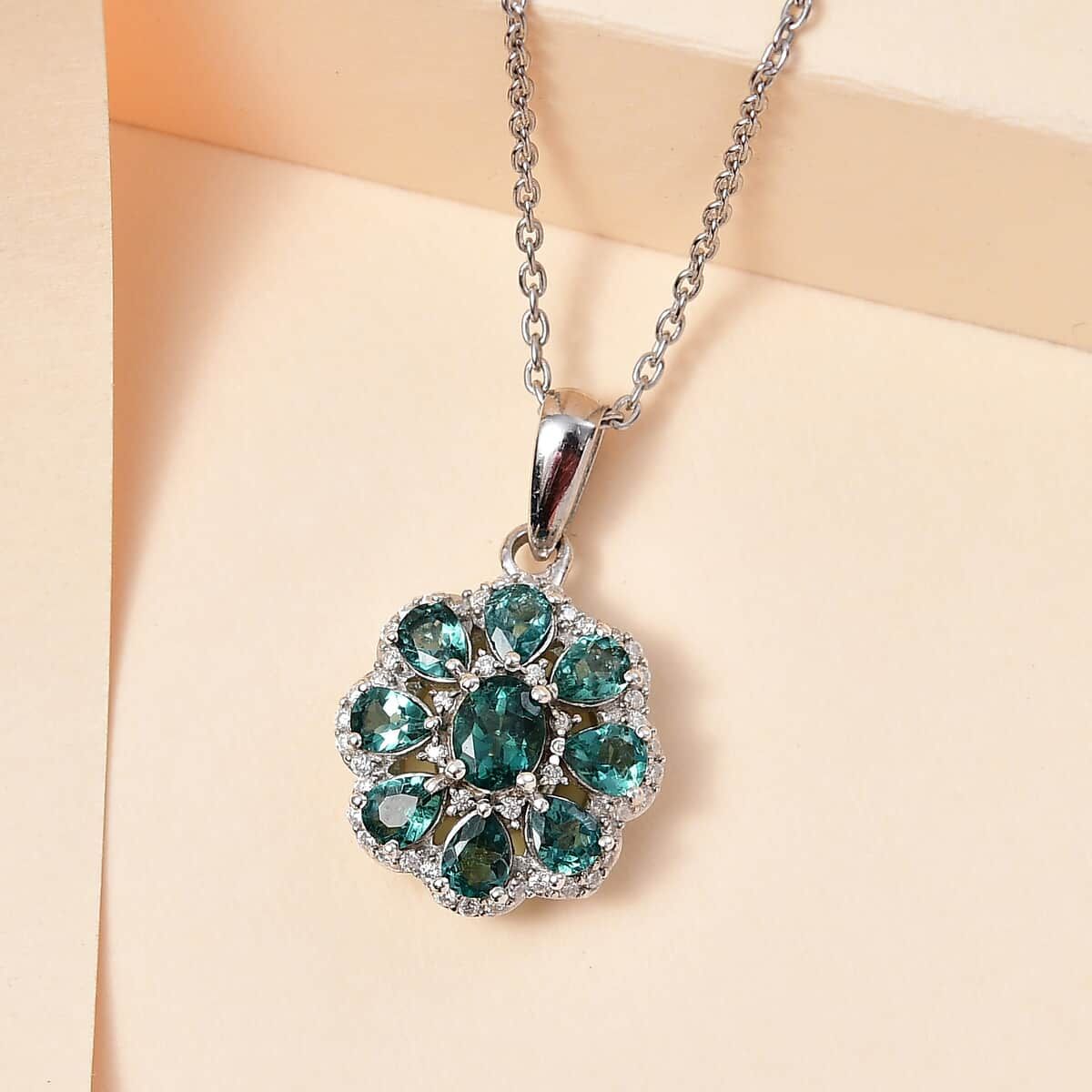 Indian Ocean Apatite and Moissanite Flower Pendant Necklace 20 Inches Platinum Over Sterling Silver.jpg