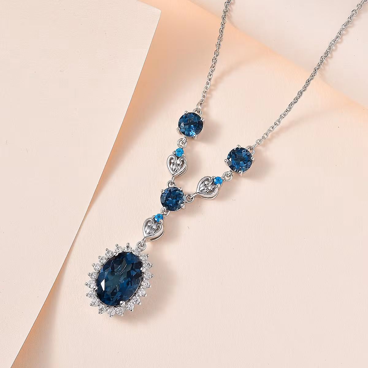 London Blue Topaz and Multi Gemstone Halo Necklace 18 Inches in Platinum Over Sterling Silver.avif