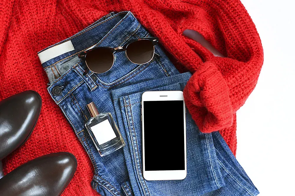 Classic red sweater and jeans outfit