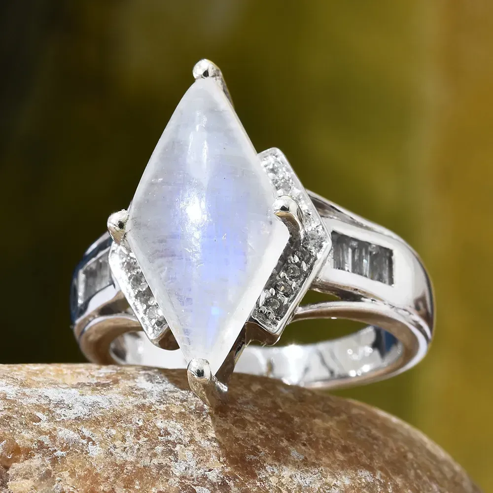 Closeup of diamond-shaped moonstone ring