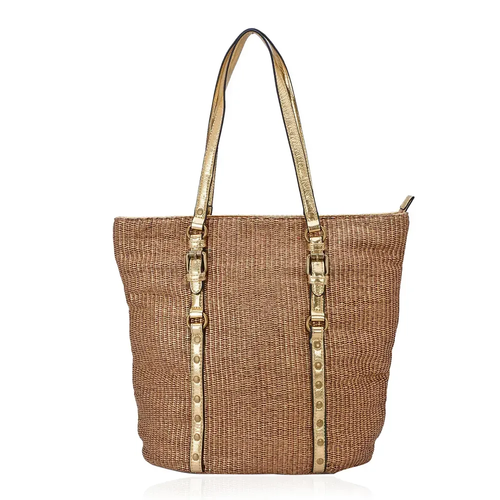 Tan handbag against white background.