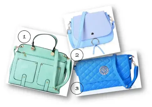 A seafoam satchel, pastel blue saddle bag and royal blue crossbody barrel bag.
