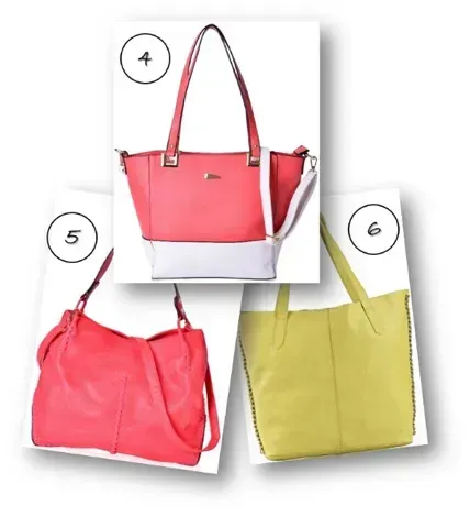 A coral and white tote bag, red hobo bag and a lime yellow tote bag.