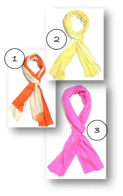 Orange ombre scarf, yellow ombre scarf and hot pink scarf.