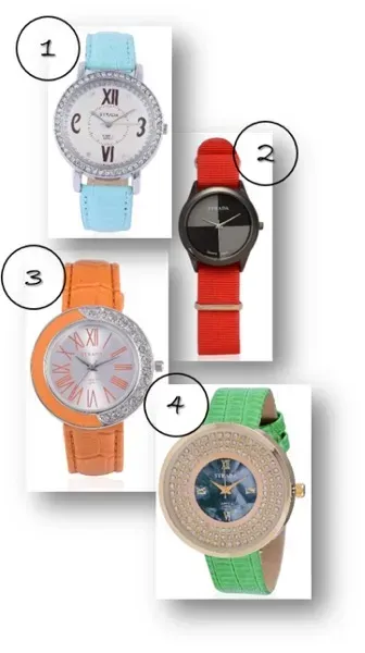 Seafoam band watch, red nylon watch, orange band watch and green band watch.