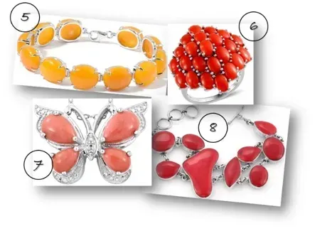 Yellow jade bracelet, coral cluster ring, peach opal butterfly pendant, coral bracelet.