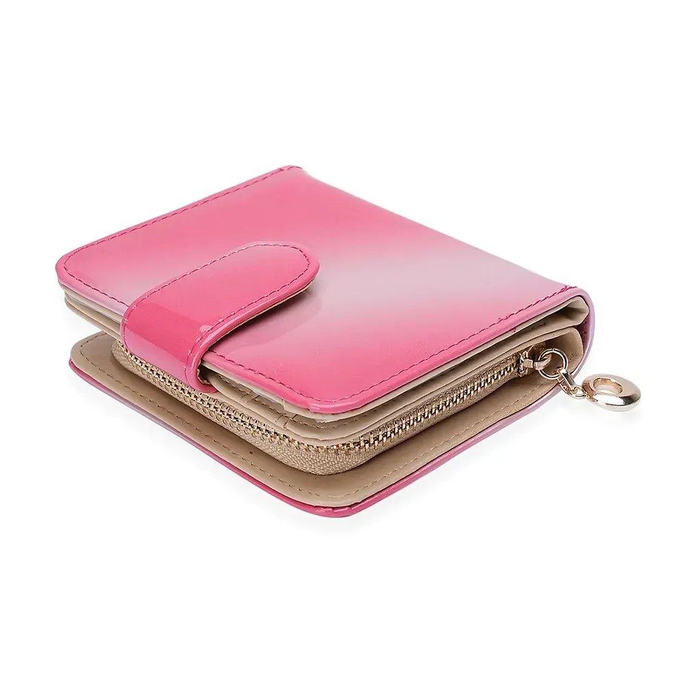 Closeup of pink wallet against white background