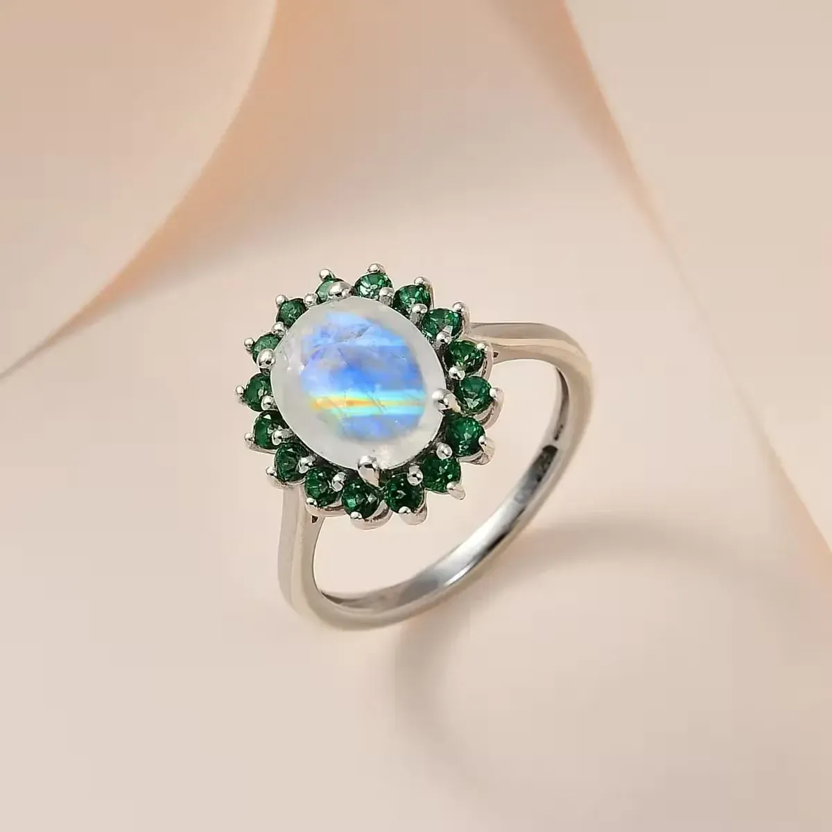 Rainbow Moonstone and Topaz Halo Ring 