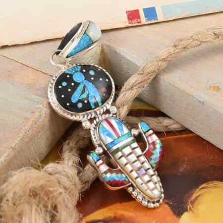 Santa Fe Style Multi Gemstone Saguaro Cactus and Oval Inlay Kokopelli Pendant in.jpg