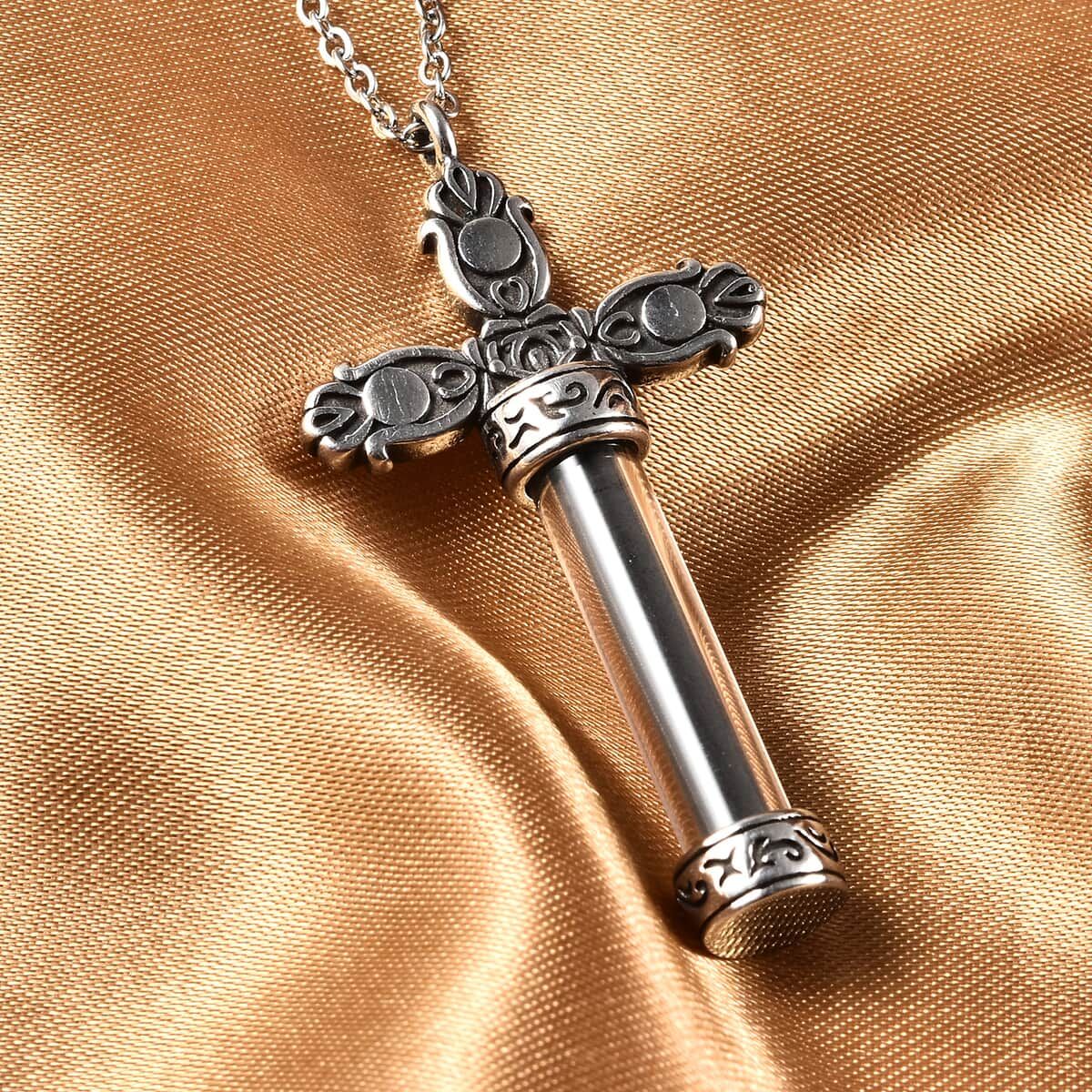 Shungite and Austrian Crystal, Glass Cross Bottle Necklace 20 Inches in Stainless Steel.jpg