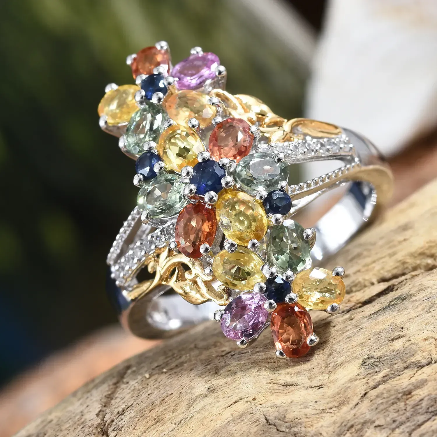 Multi color sapphire ring in cluster style.