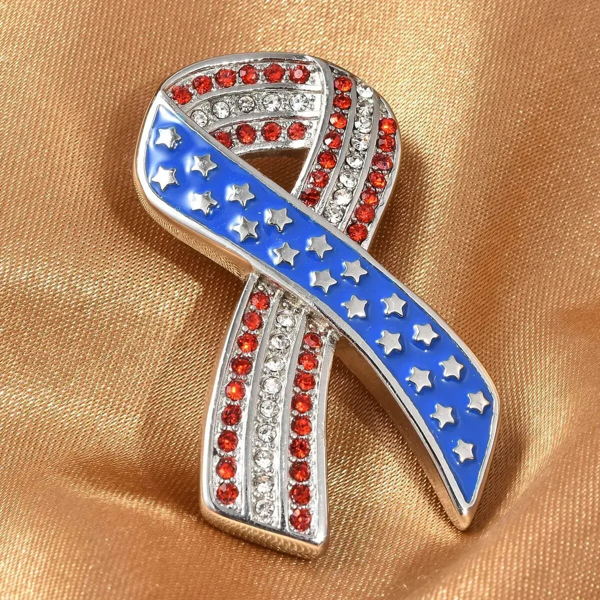 Red and White Austrian Crystal American Flag Ribbon Brooch in Stainless Steel