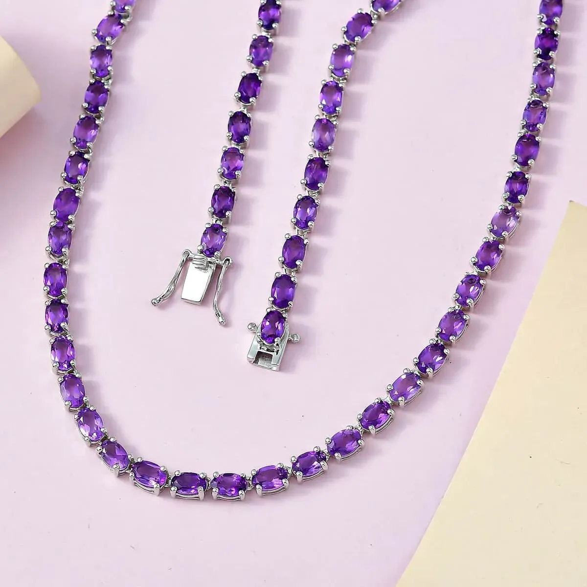 Lusaka Amethyst Necklace Sterling Silver, Silver Tennis, Open Box Clasp 18 Inches 