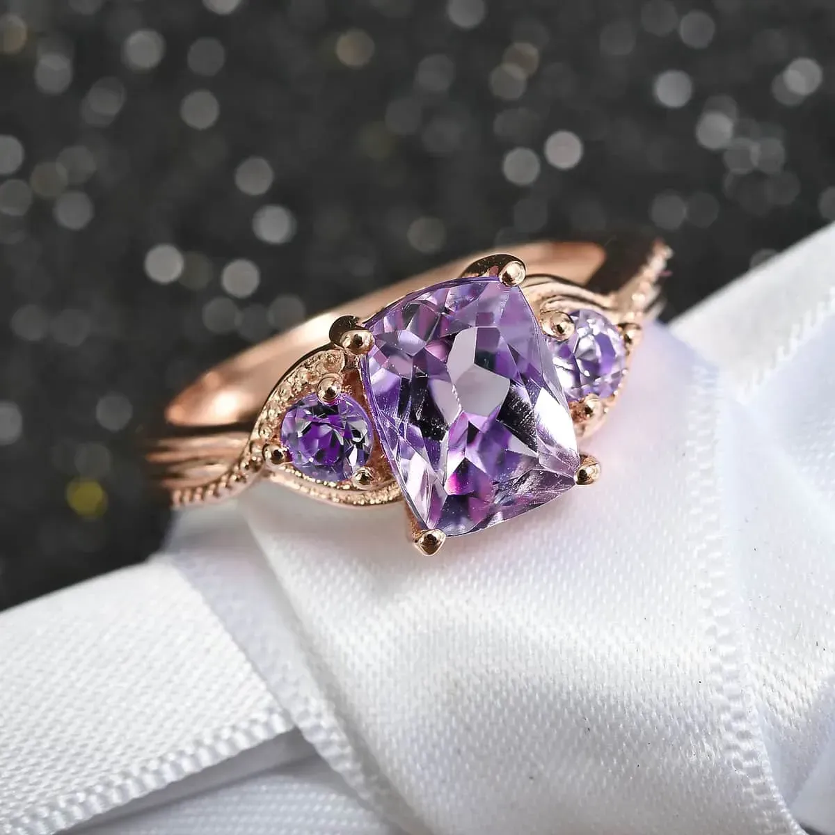 Amethyst Ring in Rose Gold Plated Sterling Silver, Three Stone Ring, Trilogy Ring For Women, Amethyst Jewelry, Gifts For Her on white cloth.