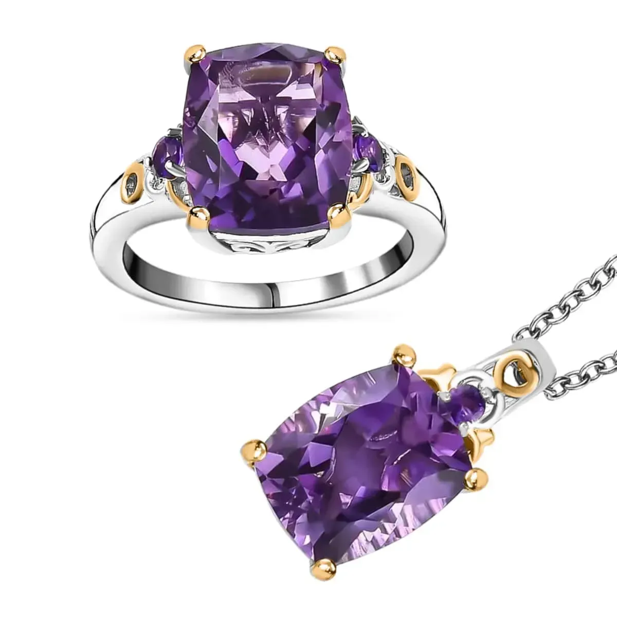 African Amethyst Jewelry Set, Set of Amethyst Ring and Amethyst Pendant Necklace, 20 Inch Necklace, Vermeil YG and Platinum Over Sterling Silver