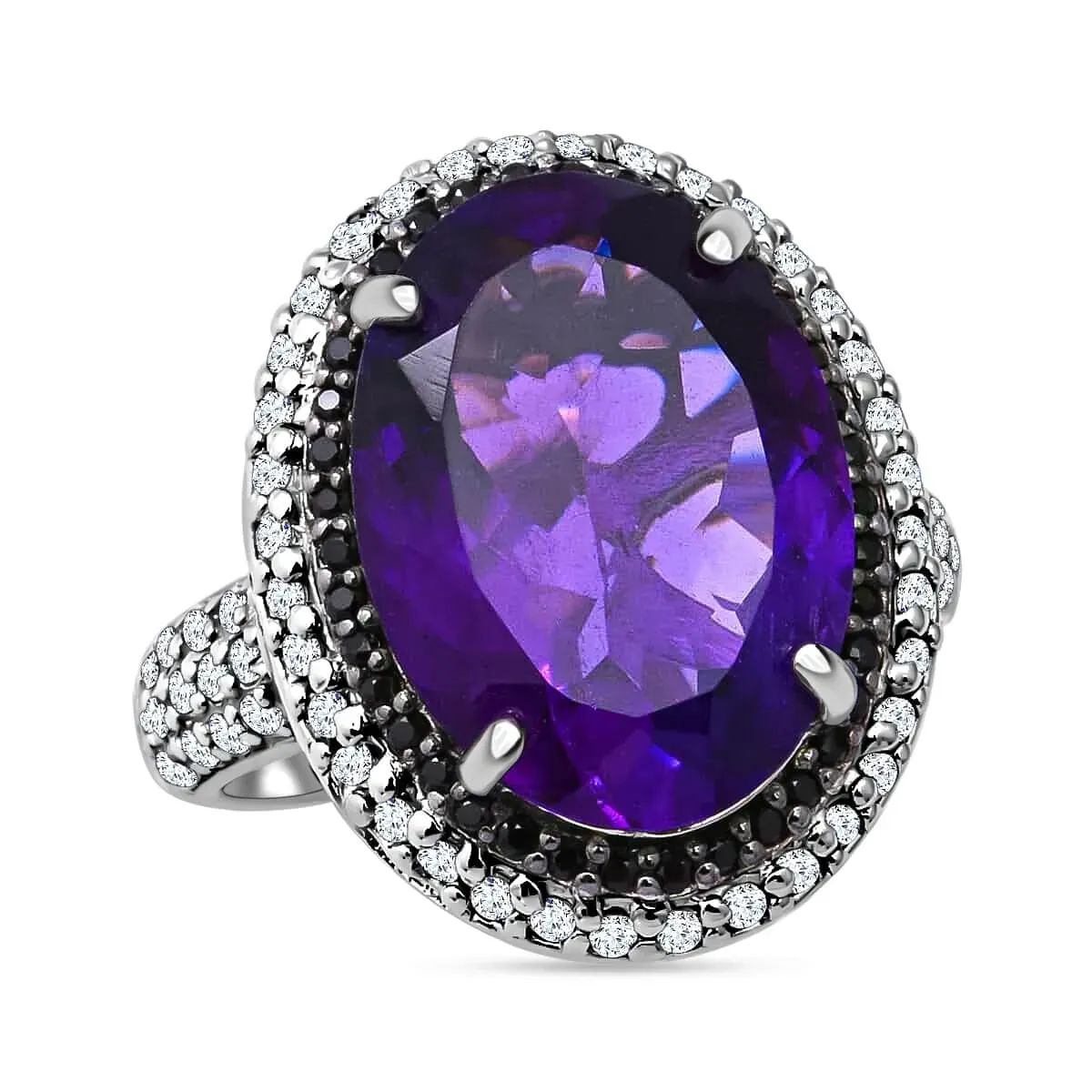 Lusaka Amethyst Halo Ring in Platinum over Sterling Silver. 