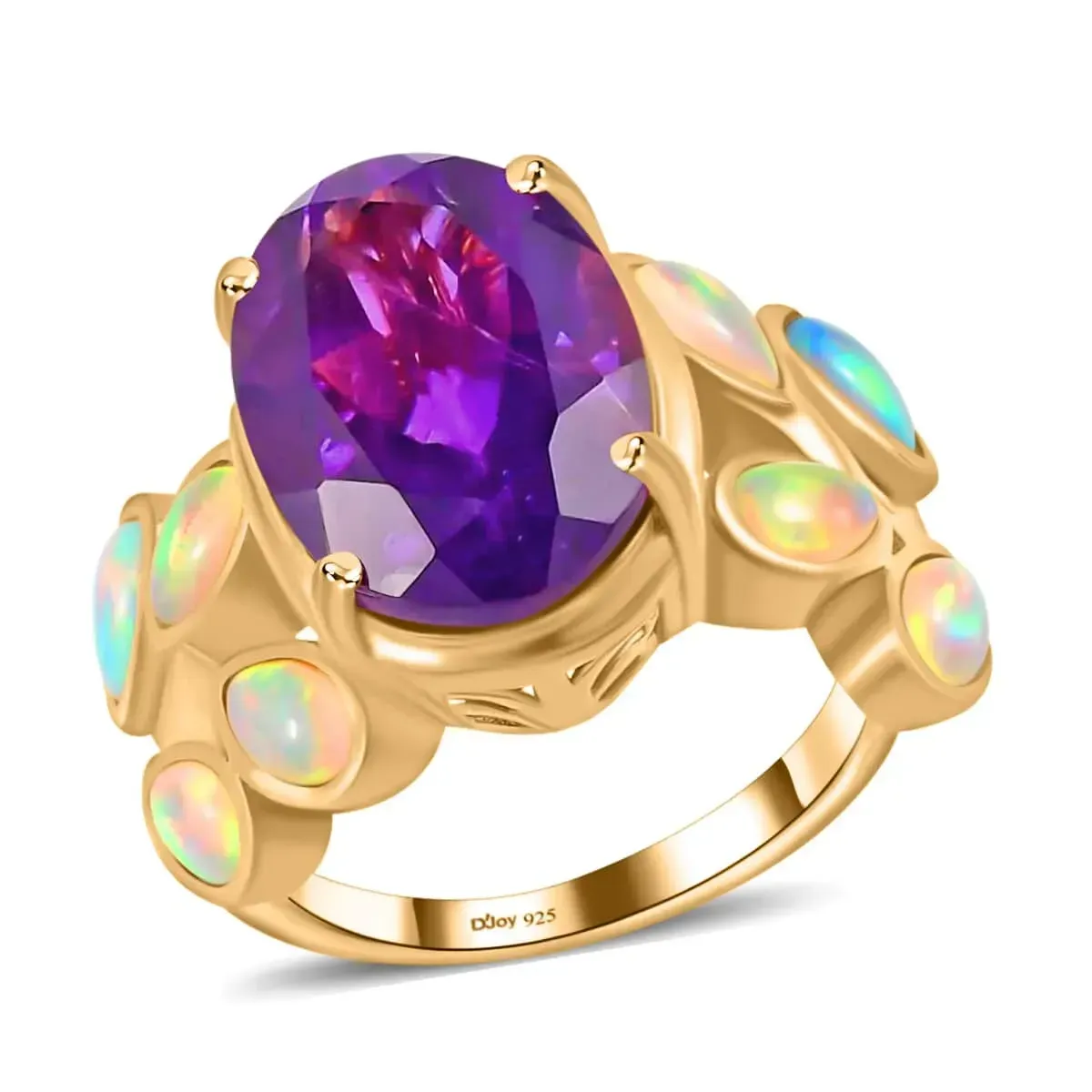 Premium Amethyst Ring, Ethiopian Welo Opal Accent Ring, Vermeil Yellow Gold Over Sterling Silver Ring