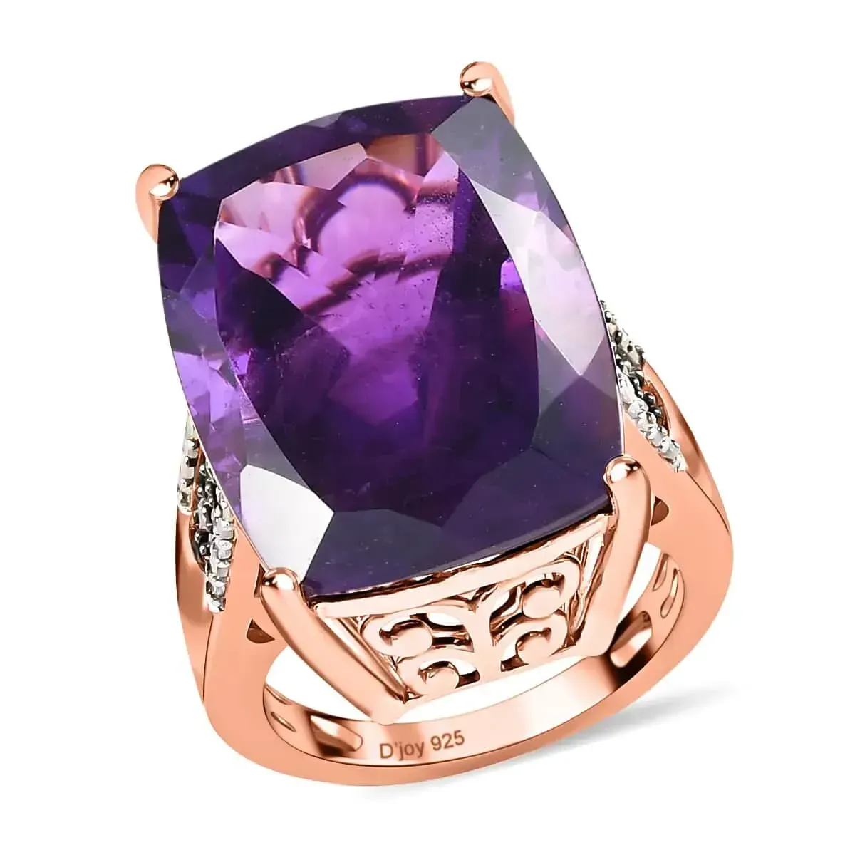 Amethyst, Natural Champagne and White Diamond Ring in Vermeil Rose Gold Over Sterling Silver