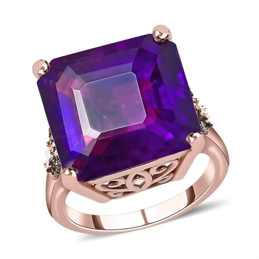 Asscher Cut Amethyst, Natural Champagne and White Diamond Ring in Vermeil Rose Gold Over Sterling Silver