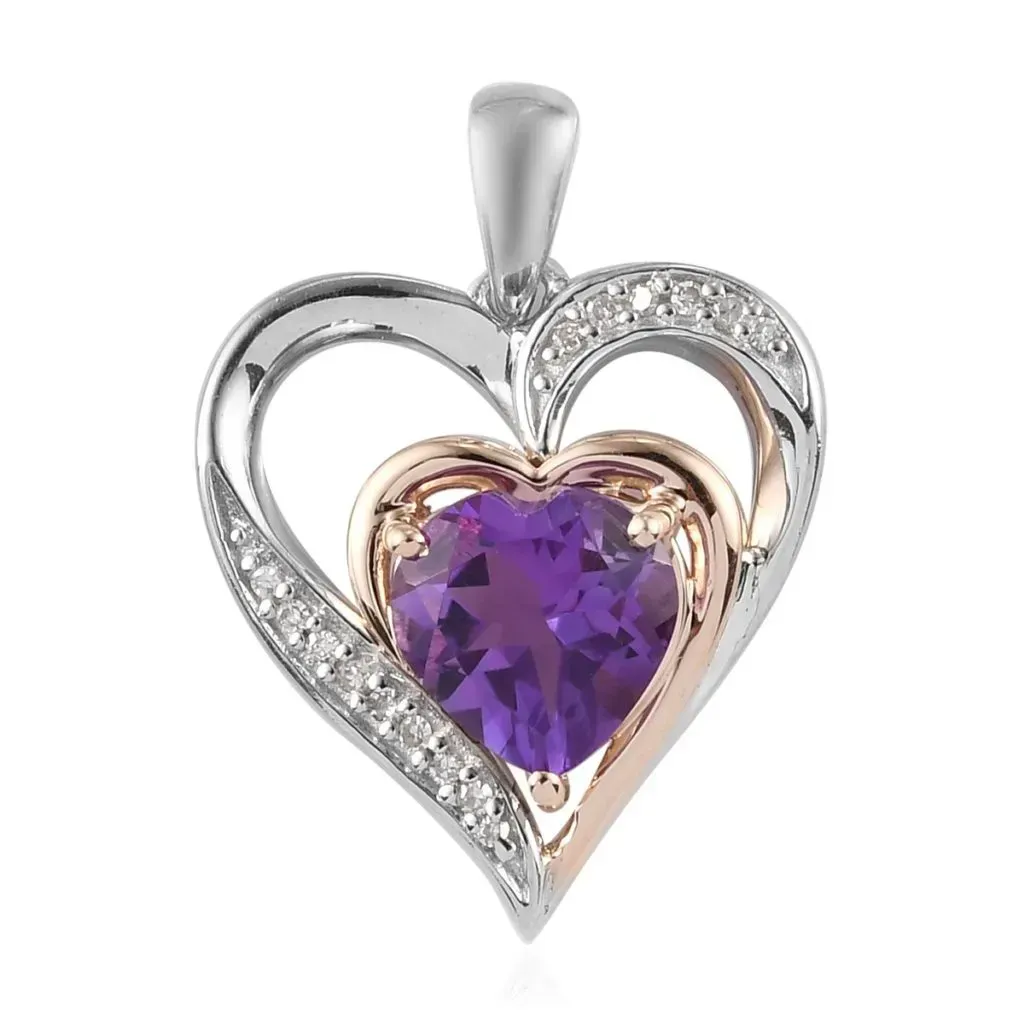 10K Rose Gold Bolivian Amethyst and Diamond Pendant in Sterling Silver