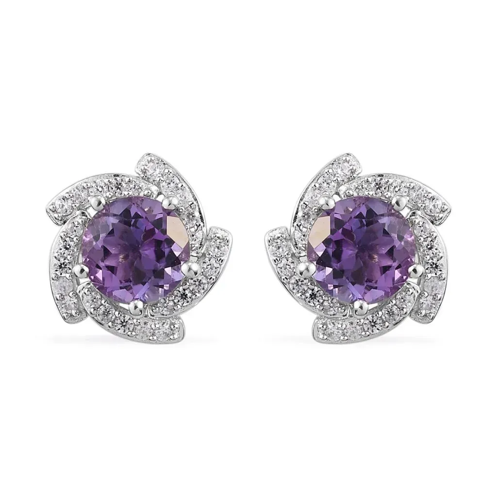 Rose De Maroc Amethyst and Zircon Flower Stud Earrings in Platinum Over Sterling Silver