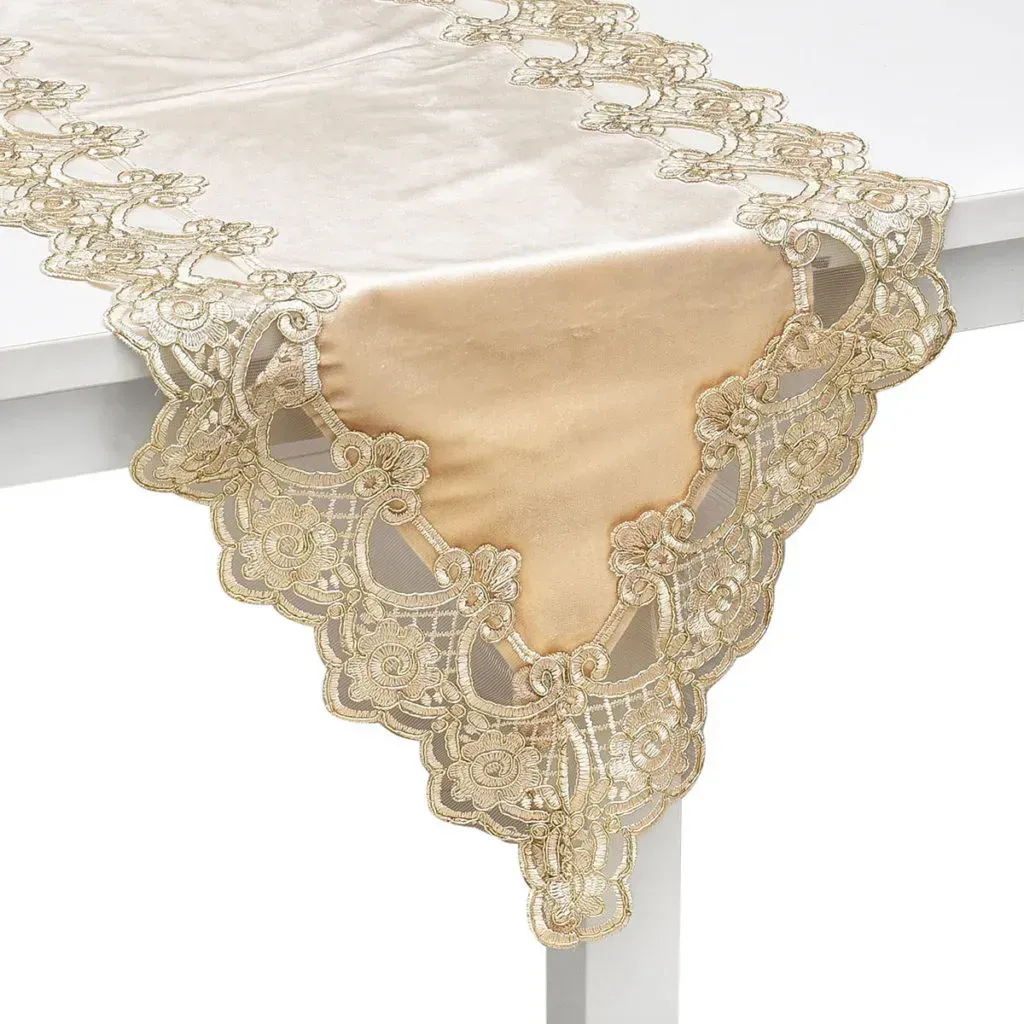 HOMESMART Khaki Elegant Damask Pattern Polyester & Velvety Table Runner with Gold Lace Border